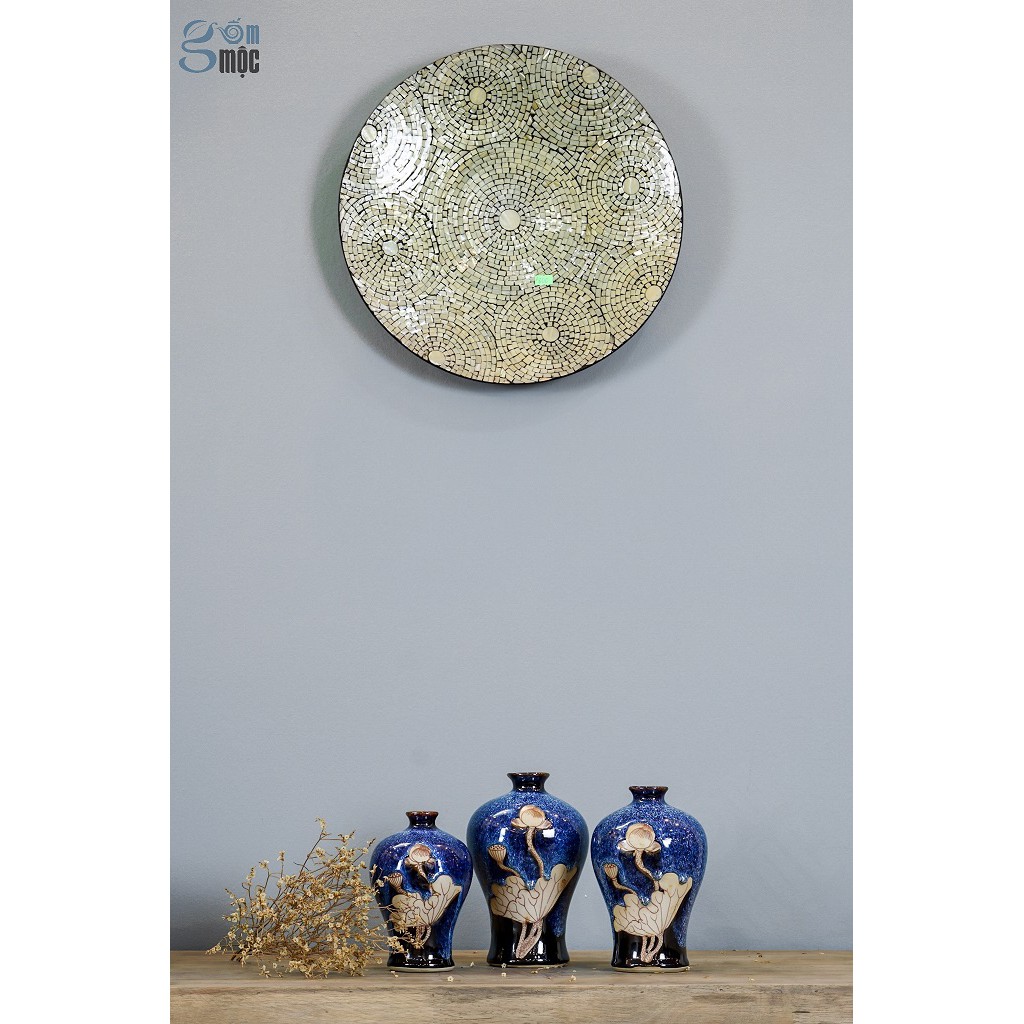 Bình hoa men hỏa biến xanh đá khắc sen nâu, dáng đùi dế, gốm sứ Bát Tràng cao cấp