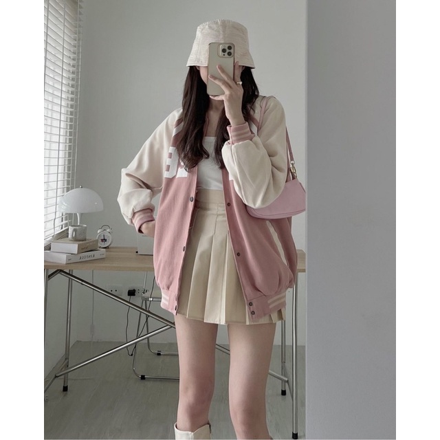 Áo Khoác Bomber Nỉ F426 Form Rộng Unisex, Áo Bomber Nữ Màu Hồng Dễ Thương