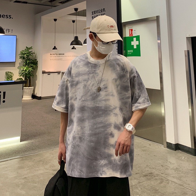 Áo thun tay lỡ form rộng nam nữ Loang Màu Xanh Đen cotton độc lạ, áo phông rộng nam nữ mặc được tay lỡ cổ tròn