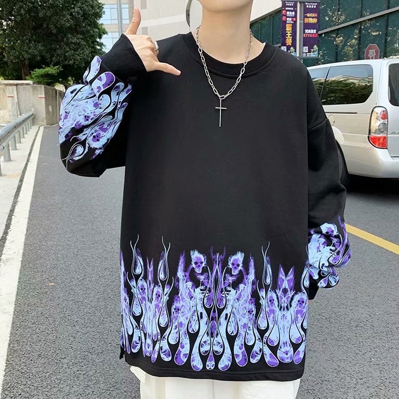 Áo nỉ tay dài in hình ngọn lửa phong cách hip hop thời trang cho nam nữ