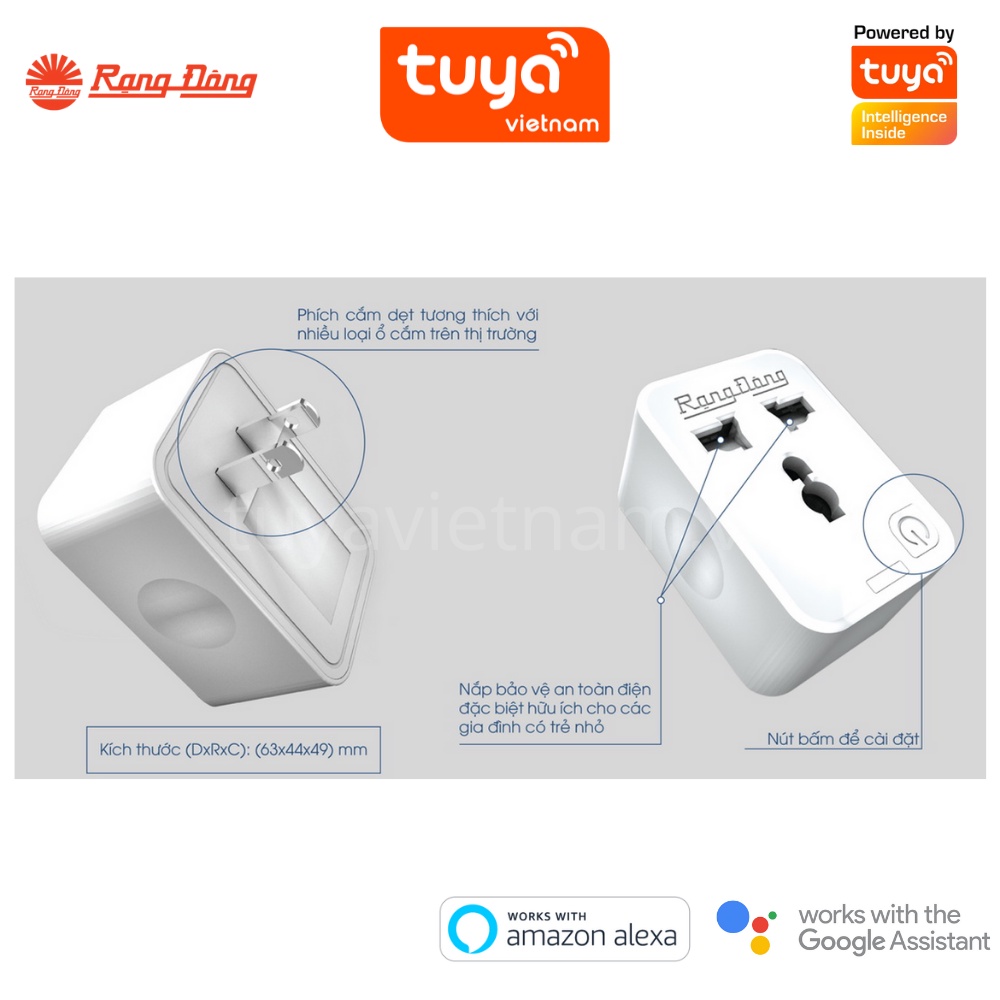 Ổ Cắm Thông Minh Wifi Rạng Đông 16A Điều Khiển Qua App + Giọng Nói, Hẹn Giờ, BH 2 Năm OC.01.WF