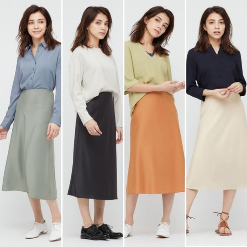 Chân váy Midi lụa Satin dáng xoè A - Satin Narrow Flare Skirt (UNIQLO chính hãng) 😍