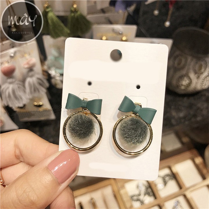 Bông tai nụ khoen tròn nơ cục bông thời trang dễ thương