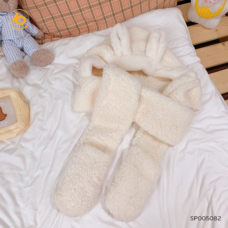 Mũ lông tai thỏ SHOP10K  kèm khăn quàng cổ bao tay 3 trong 1 ấm áp