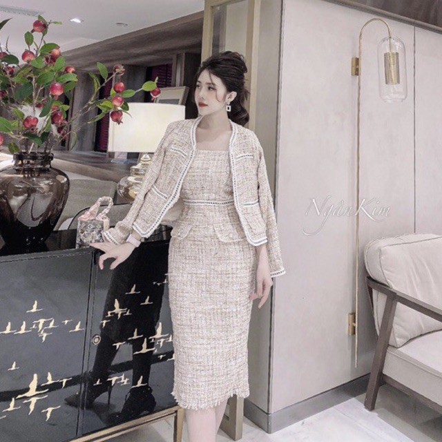 Set Dạ Tweed Nữ - Áo Khoác Kèm Váy Body - Có Ảnh vs Video Thật