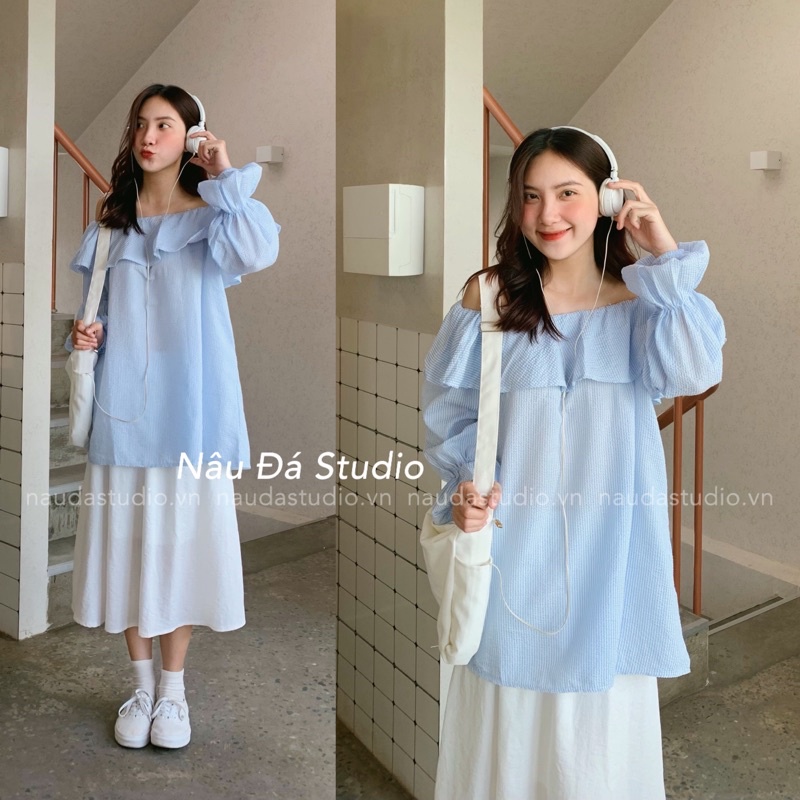 ÁO TRỄ VAI XANH XỐP GIẢ VÁY  - NÂU ĐÁ STUDIO.