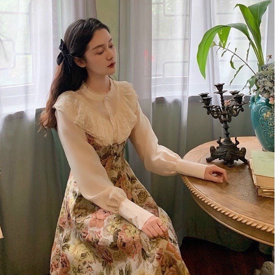 Set váy vintage dáng dài đầm công chúa kết hợp áo sơ mi ren nữ Retro Pháp