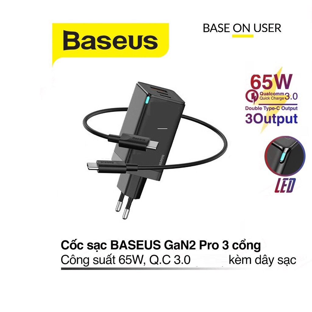 Bộ sạc nhanh 65W Baseus GaN 2 Pro chuôi tròn kèm dây cáp Type-C sang Type-C siêu bền dài 1M cho Smartphone
