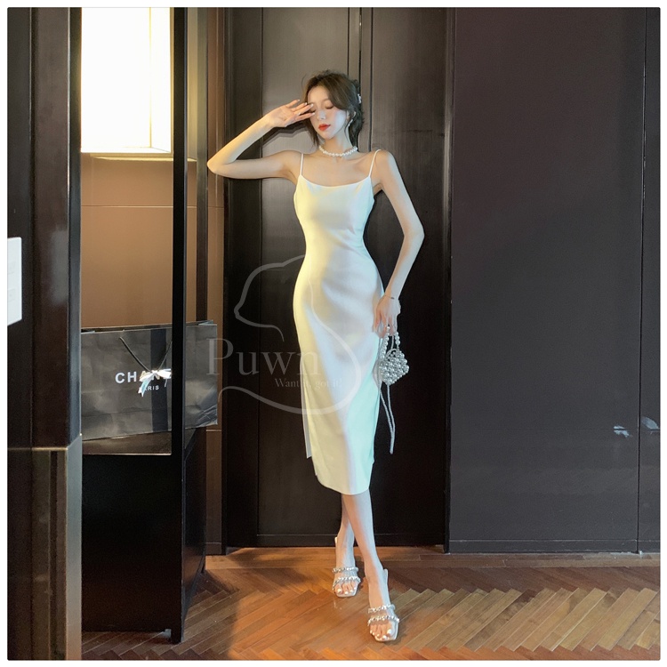 Váy lụa hai dây cổ tròn tiểu thư xẻ tà thanh lịch, quý phái, dự tiệc, prom, tôn dáng sexy Puwn Shop