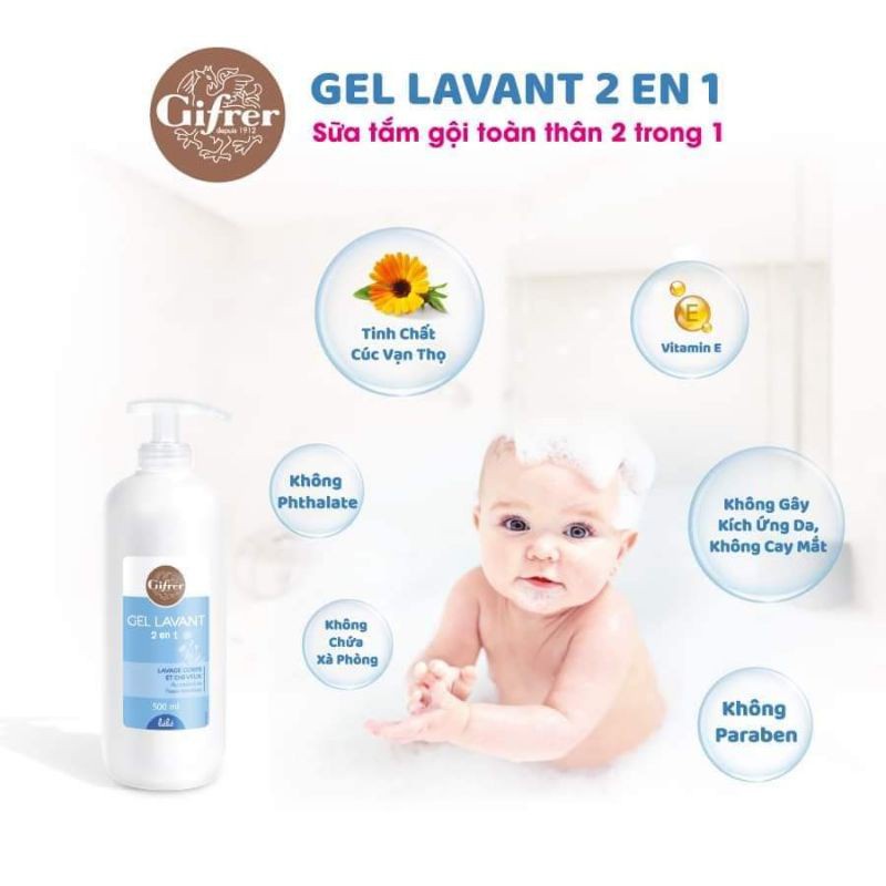 Gel Lavant - Sữa tắm gội 2 trong 1 cho bé Gifrer 500ml - Tinh chất Cúc Vạn Thọ Vitamin E Kháng khuẩn tăng cường độ ẩm
