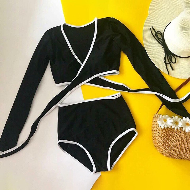 Đồ bơi Bikini 2 mảnh đắp chéo đen viền trắng tay dài tặng kèm mút lót ngực tiện lợi đi du lịch biển QP023