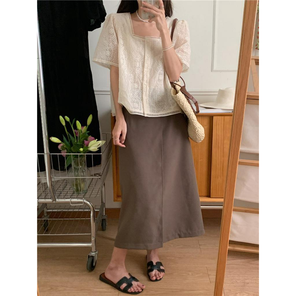 Áo Tay Ngắn Cổ Vuông Phối Ren Thêu Họa Tiết Tinh Tế Phong Cách Hàn Quốc Mới 52354