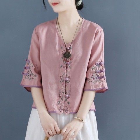 Áo Sơ Mi Cotton Lanh Cổ Chữ V Dáng Rộng Ngắn Cài Nút Đĩa Thêu Họa Tiết Kiểu Trung Hoa Cổ Điển Thời Trang Mùa Hè 2022 / Hạng Nặng Cho Người Lớn Tuổi / Trung Niên 2022