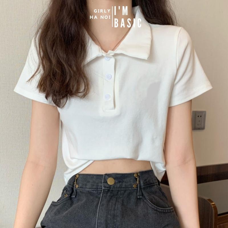 Áo croptop I'm Basic Girly nữ màu trắng cổ polo vải cotton co giãn thoáng mát croptop ngắn tay thun đẹp (APL02) | BigBuy360 - bigbuy360.vn