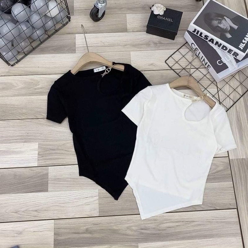 Áo kiểu nữ tà nhọn phối xích trễ hở vai chất vải thun Borip FreeSize dưới 53kg dành cho nữ có 2 màu Trắng, Đen