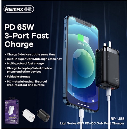 Củ sạc nhanh GaN 3 cổng 65W RP-U55 - Chính Hãng Remax