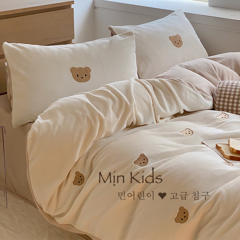 Bộ chăn ga gối cao cấp, ga gối MỊN KIDS, hình gấu chất vải nỉ nhung mềm mịn