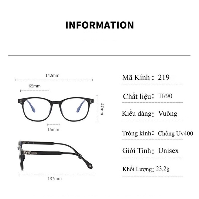 Gọng kính cận nam nữ dáng hình chữ nhật MEMOEYEWEAR hoa văn chrome heart phong cách hàn quốc dễ đeo, màu sắc ombre_CH219