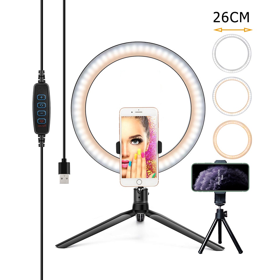 Đèn led vòng tròn 26cm có chân đế tripod trợ sáng chụp ảnh selfie quay TikTok trực tuyến Youtube Bluetooth từ xa