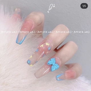 Nailbox hồng thạch mix nơ xanh độc đáo
