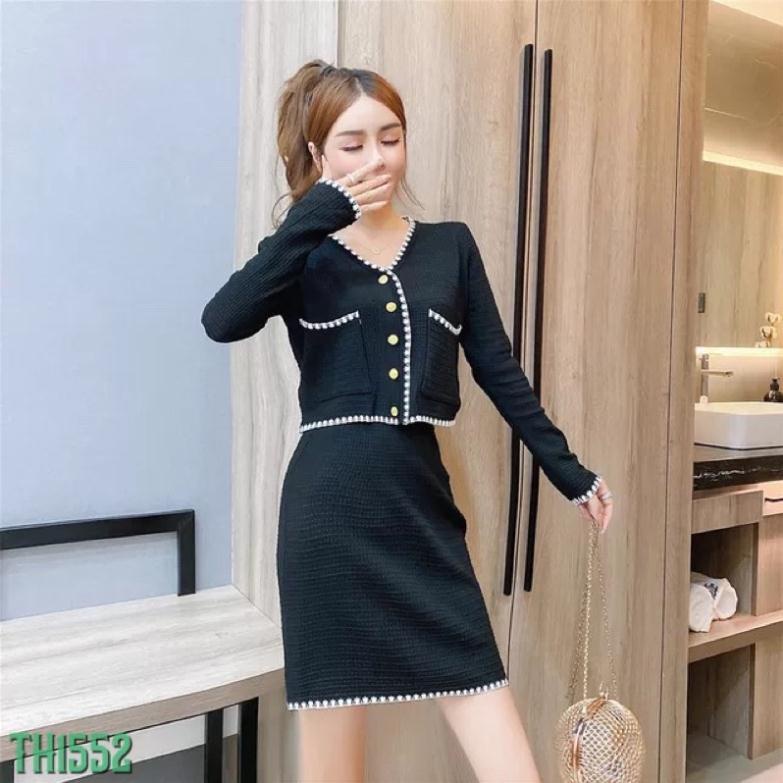 [ Giá Sỉ ] Áo len cổ tim kèm chân váy bút chì, sét len hàng quảng châu loại 1