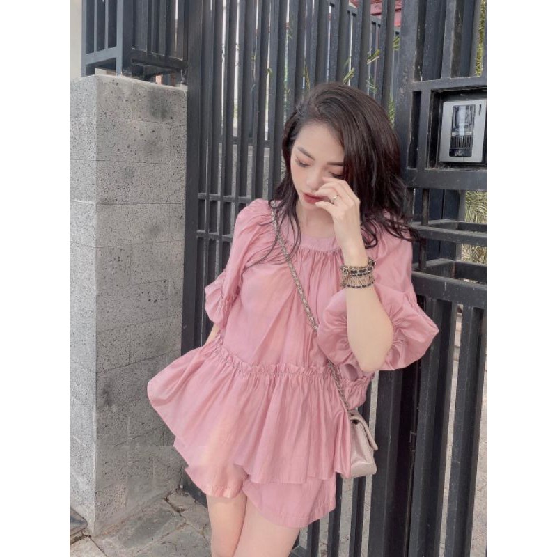 S611 Set áo baby doll nhún ly cổ tay xòe tiểu thư, dáng xèo phối quần short chất liệu tơ nến sang sịn