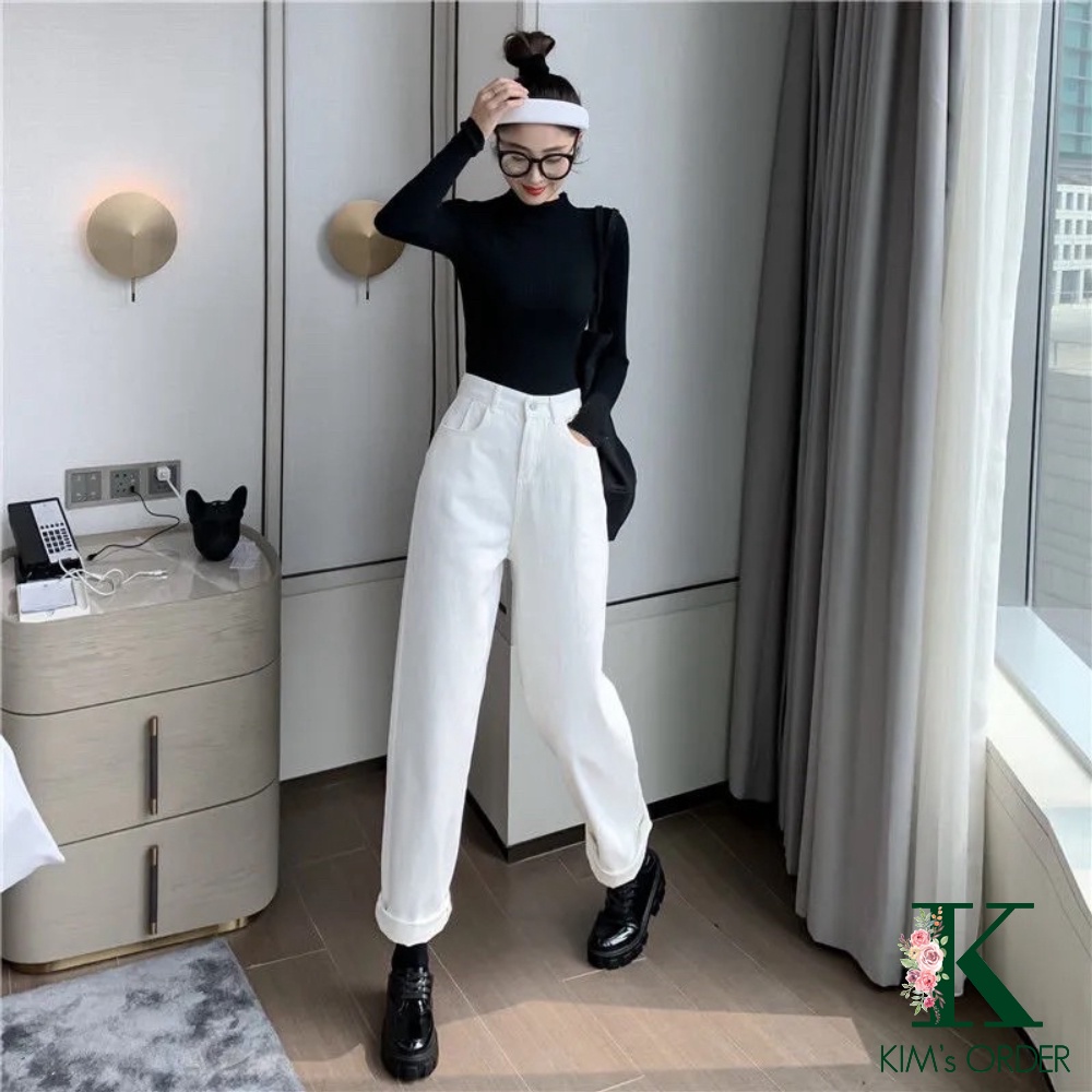 Quần Jean Nữ Màu Trắng Đen Trơn Basic Ống Suông Đứng Lưng Cao Phong Cách Ulzzang Hàn Quốc Đi Học Đi Làm Năng Động