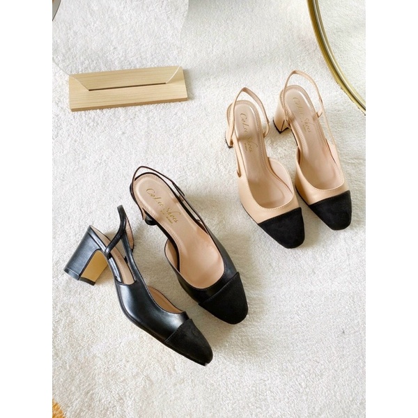 Giày cao gót nữ đế vuông vá mũi hở eo gót dáng slingback khuyết eo thời trang tinh tế thanh lịch