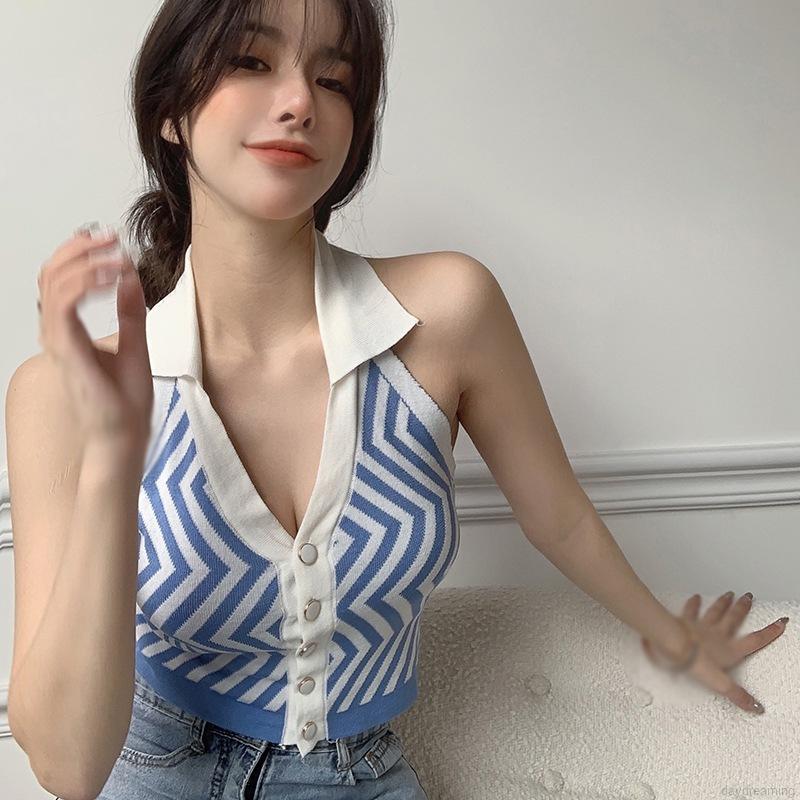 [Mã FAMAYWA giảm 10K đơn 50K] Áo Tank Top Dệt Kim Hoạ Tiết Kẻ Sọc Thiết Kế Cổ Chữ V Quyến Rũ | BigBuy360 - bigbuy360.vn