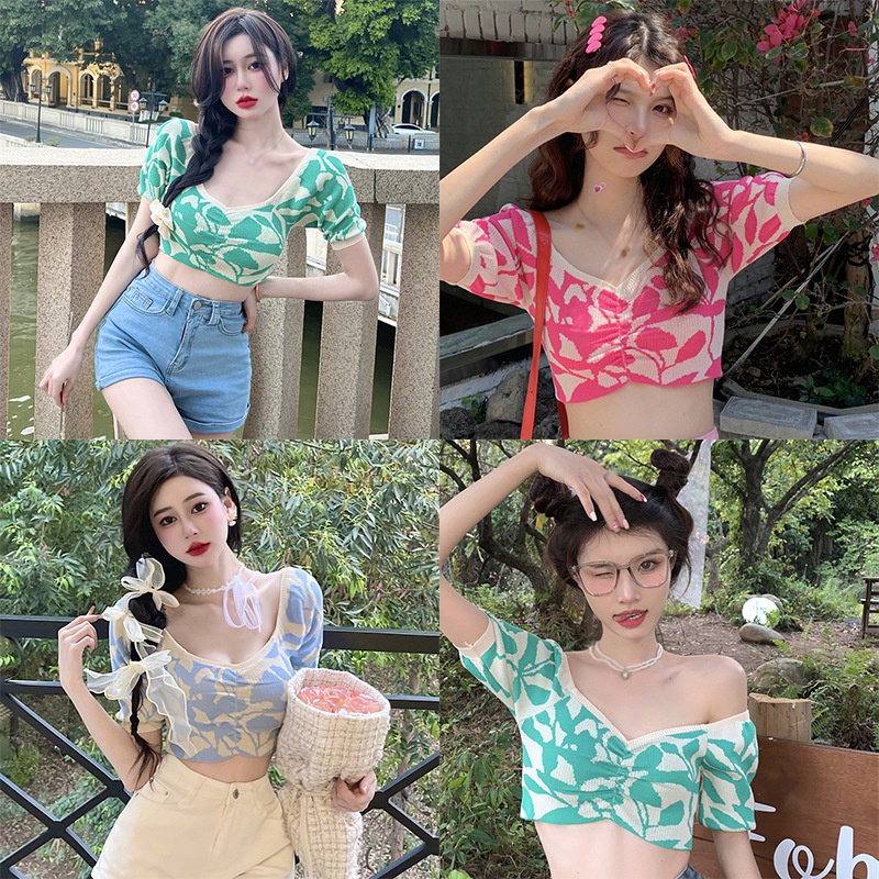 Áo Thun Dệt Kim Tay Ngắn Cổ Chữ V Dáng Ôm In Họa Tiết Kiểu Hàn Quốc Quyến Rũ Cho Nữ