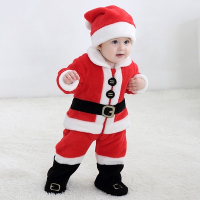 Bộ đồ Giáng Sinh 4 món hóa trang ông già Noel gồm áo khoác lông cừu tay dài + quần + mũ + giày cho cho bé từ 3-18 tháng