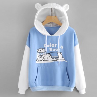 Áo Hoodies tay dài phối túi hoạ tiết chú gấu đáng yêu cho phái nữ