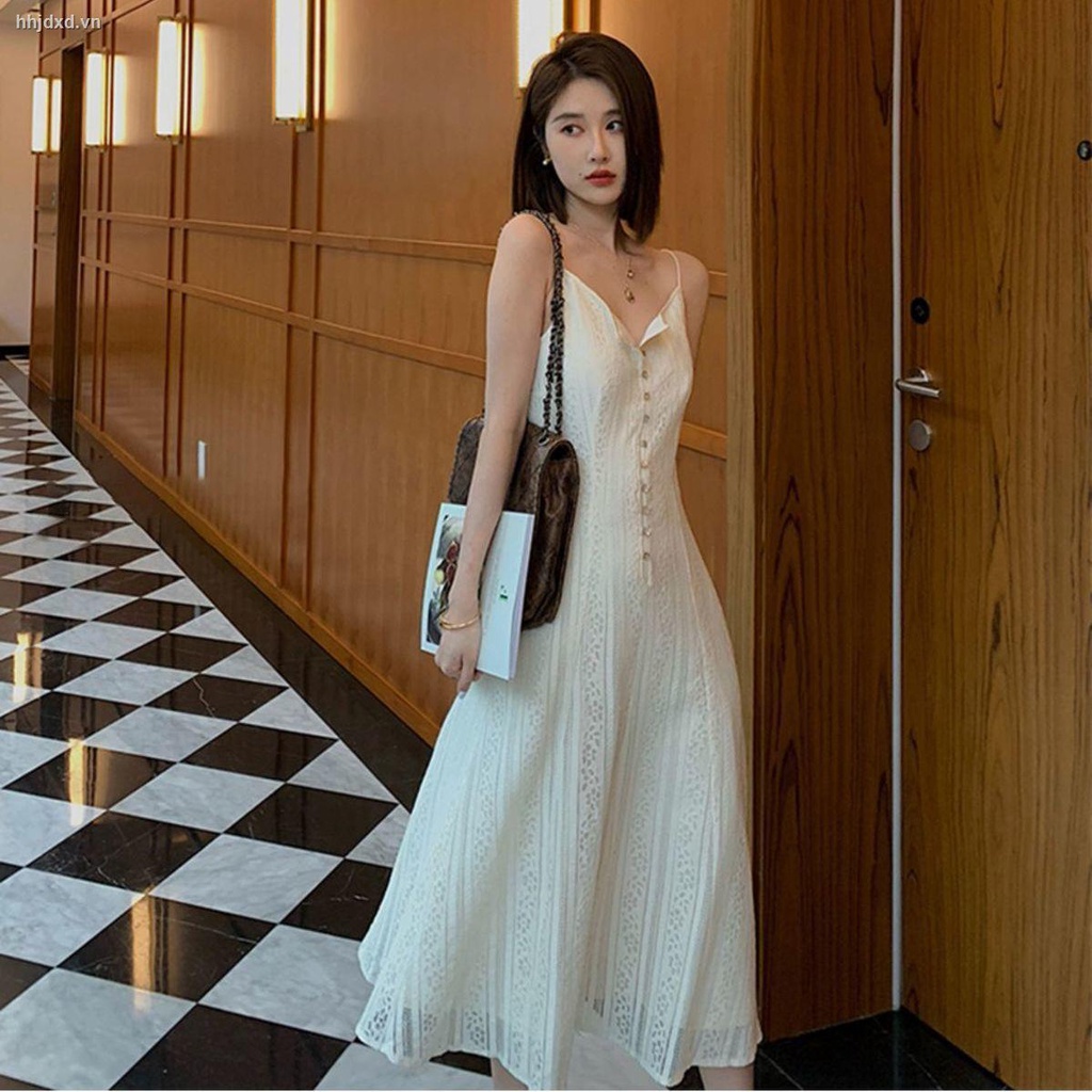 Đầm Hai Dây Phối Ren Màu Trắng Phong Cách Mới 2022 Thời Trang Mùa Xuân