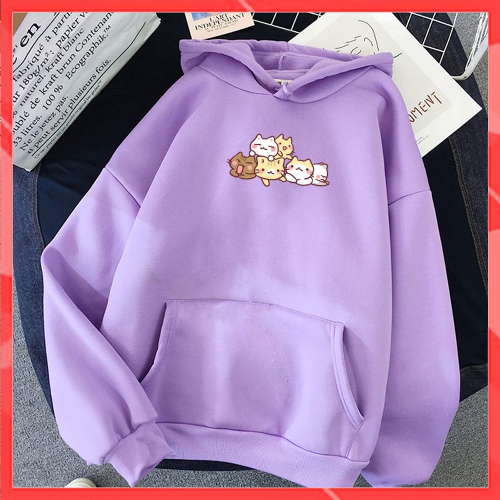 Áo Hoodie Nữ Familylove - Áo khoác Hoodie nữ form rộng họa tiết 6 chú mèo dễ thương chất liệu cotton 100% nỉ da cá