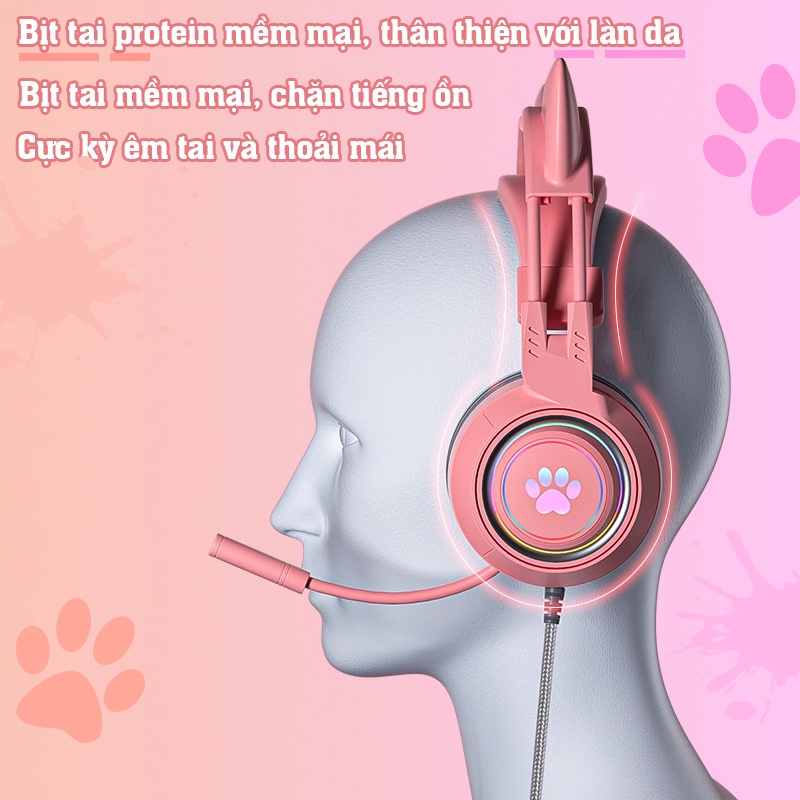 Tai nghe mèo chụp tai có dây, tai nghe gaming có micro siêu dễ thương sử dụng điện thoại và máy tính học online giải trí