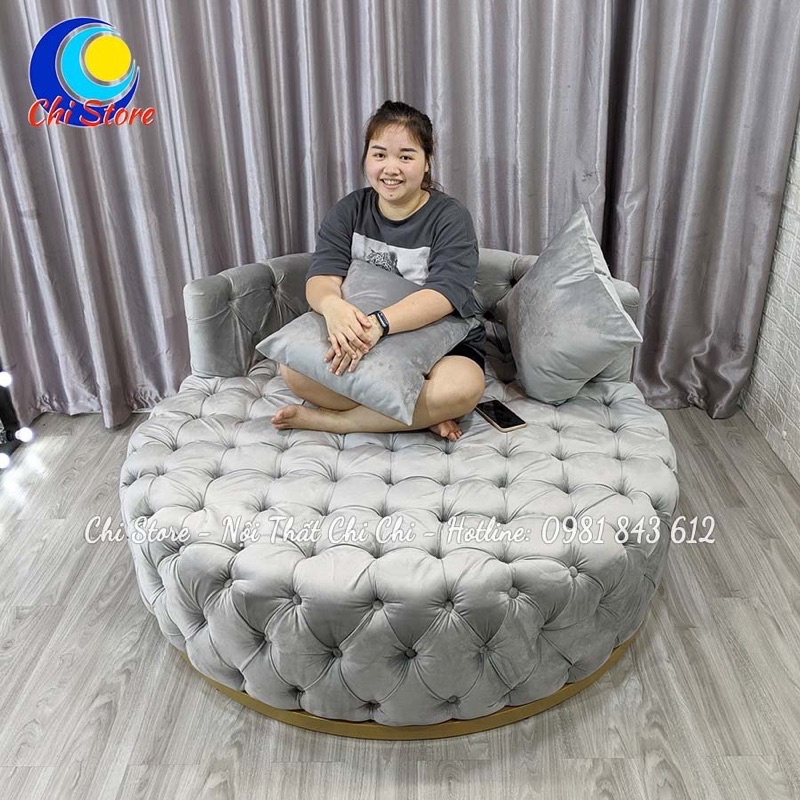 Sofa Giường Cổ Điển Nhún Sang Chảnh, Đôn Tròn Sofa Giường Có Tựa Kèm Gối