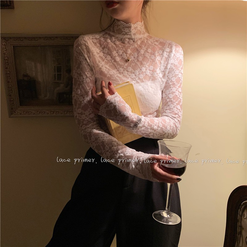 Áo sơ mi ren lưới họa tiết hoa vintage co giãn ôm body xuyên thấu gợi cảm mặc cùng áo len nỉ