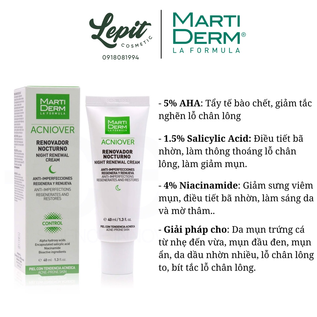 Kem Dưỡng Tái Tạo Ban Đêm Cho Da Dầu Mụn MartiDerm Acniover Night Renewal Cream 40ml