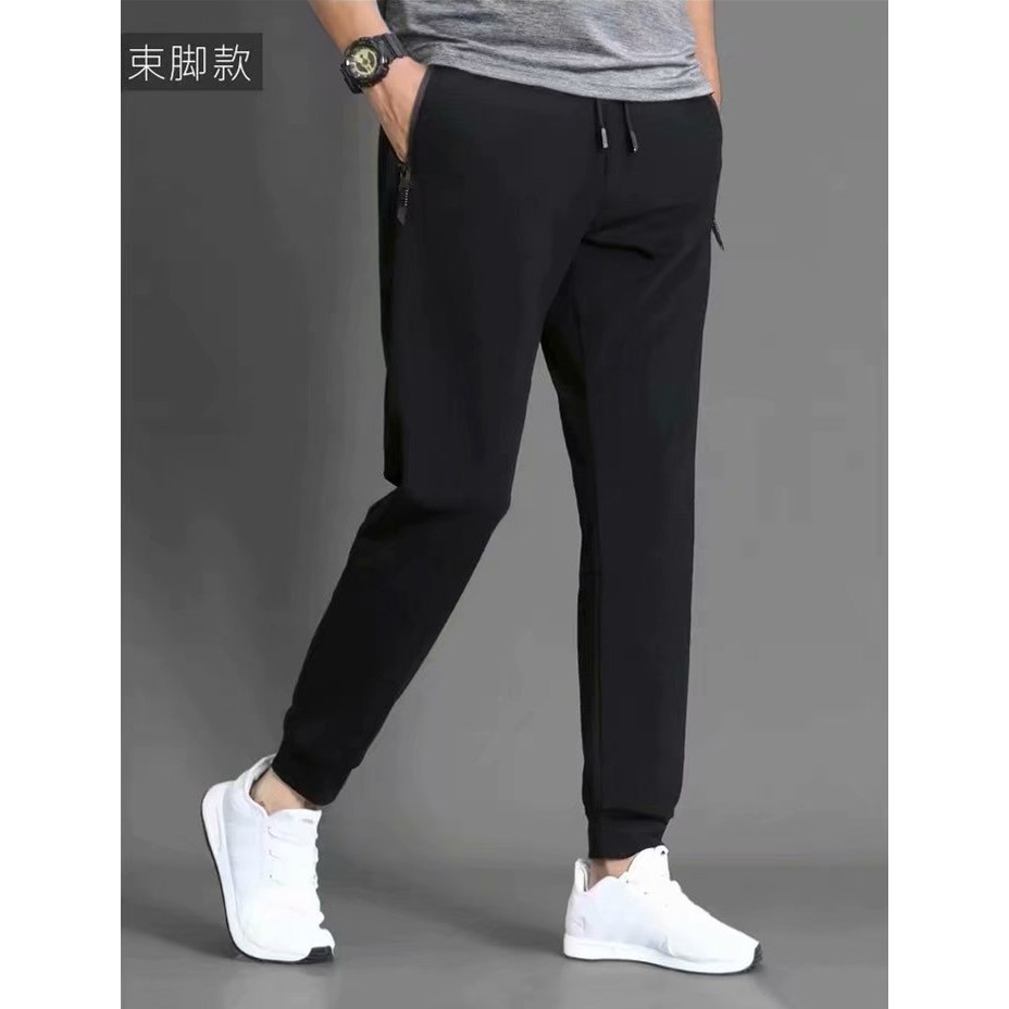 （Size M-8XL） Ice silk breathable hole men's casual trousers beam feet pants Korean Slim wild nine points sports fitness pants