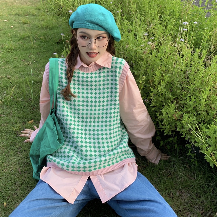 Áo len không tay họa tiết sọc caro phong cách Hàn quốc