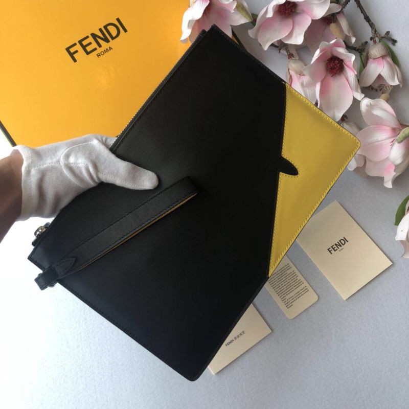 clutch cầm tay nam nữ da thật dáng dài kéo khóa có quai cầm tay họa tiết mắt màu vàng Fendi FD