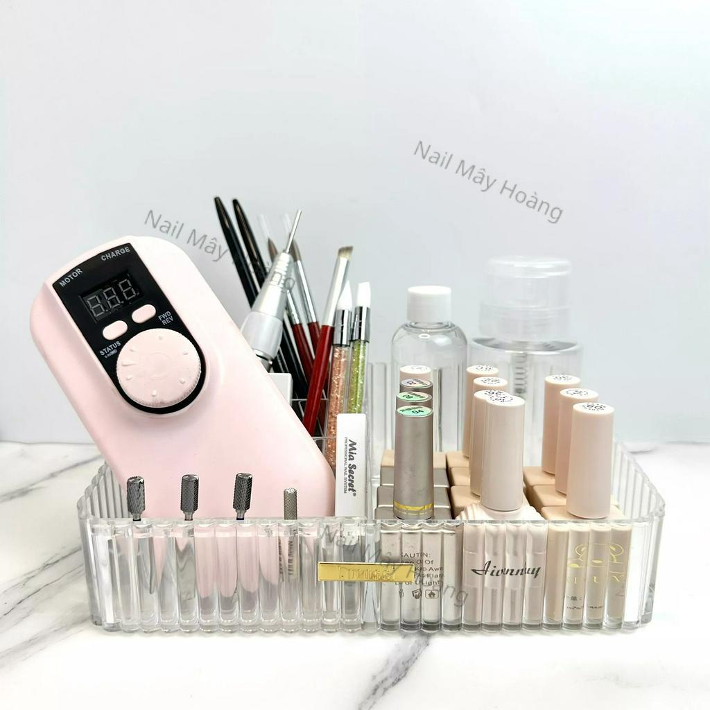 Khay meka đựng dụng cụ nail, có lỗ cắm đầu mài nail màu trong