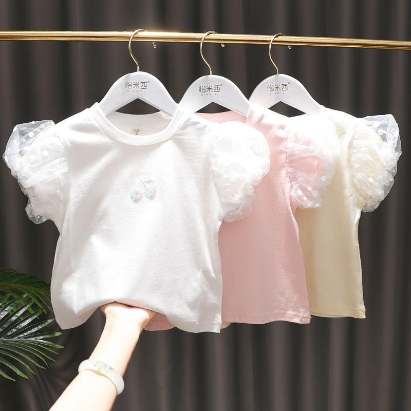 Áo Thun Cotton Tay Ngắn Phồng Phối Lưới Đính Kim Sa Lấp Lánh Thời Trang Mùa Hè Cho Bé Gái