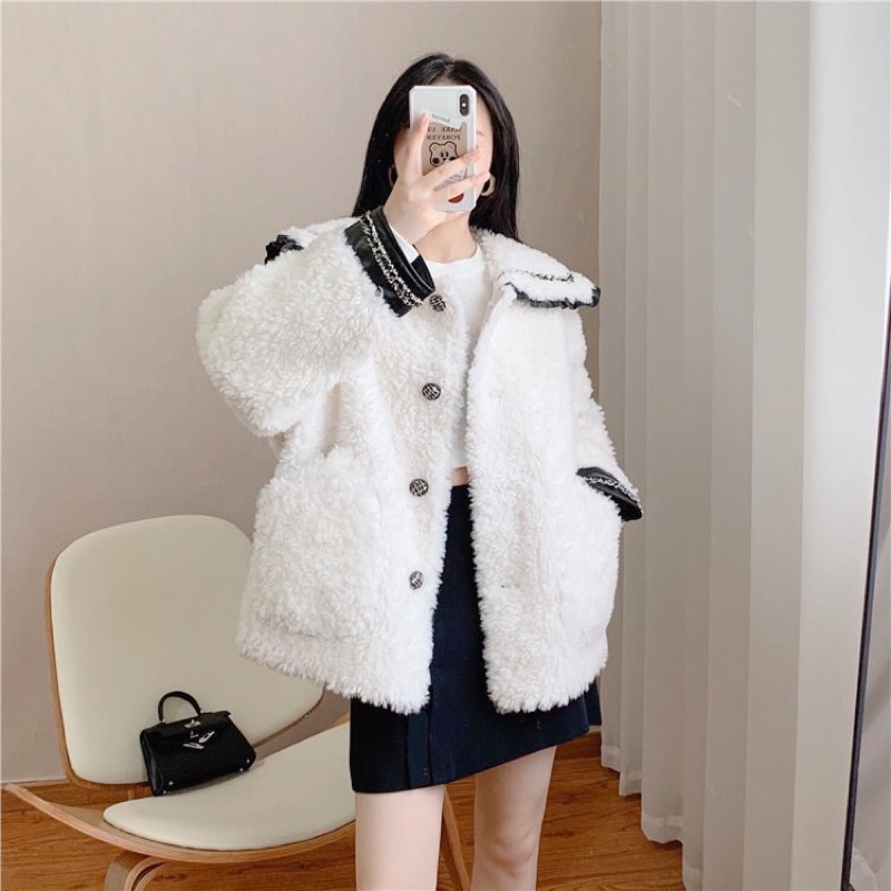 Áo Khoác nỉ lông mềm tiểu thư một màu cổ bẻ viền bèo xung quanh from chuẩn ảnh Ulzzang,dễ mặc,sang chảnh(video ảnh thật)