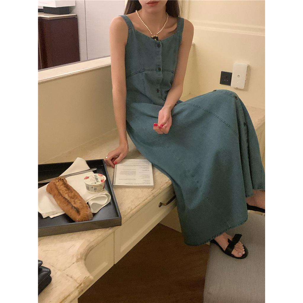Đầm Denim Hai Dây Cổ Chữ V Dáng Ôm Phong Cách Thời Trang Pháp 64112