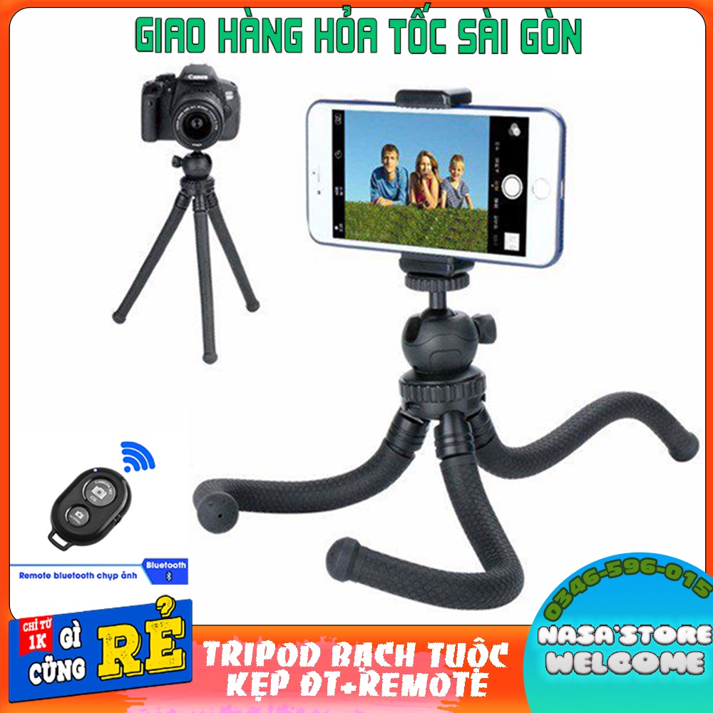 Giá đỡ điện thoại/ máy ảnh dạng tripod 3 chân bạch tuộc uốn dẻo kèm remotebluetooth