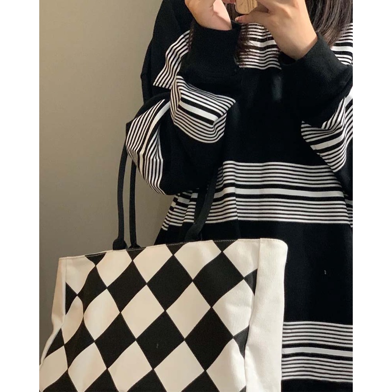 Túi xách canvas sức chứa lớn họa tiết ca rô kim cương phong cách Hàn Quốc hàng mới dành cho nữ