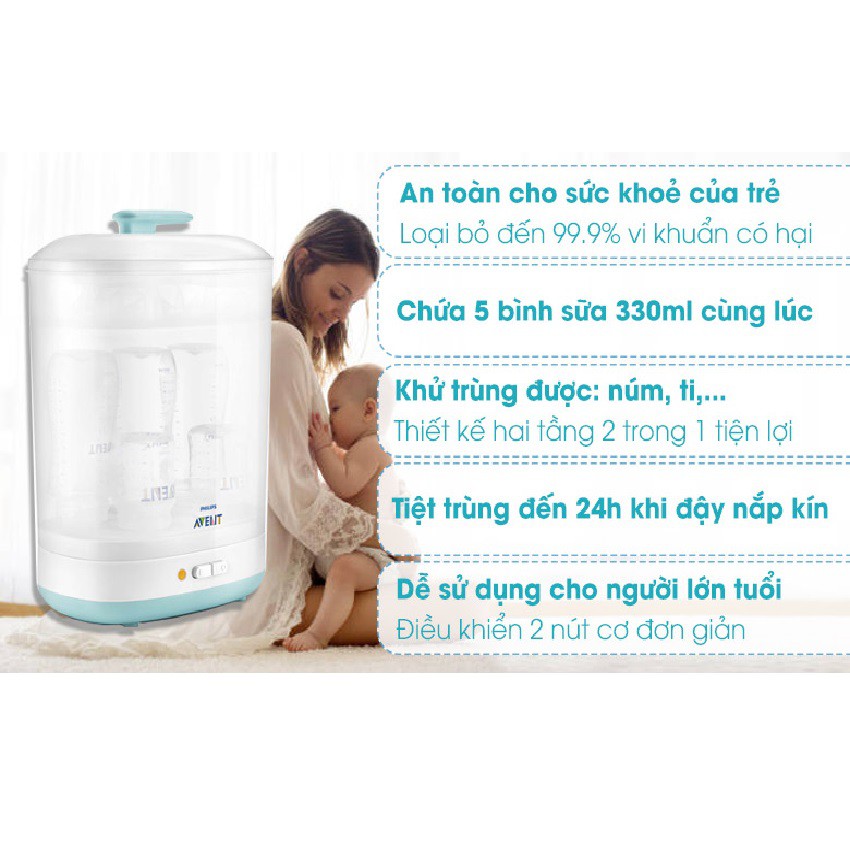 Máy tiệt trùng hơi nước 2 trong 1 Philips Avent SCF922/03, hàng chính hãng, bảo hành 2 năm trên toàn quốc