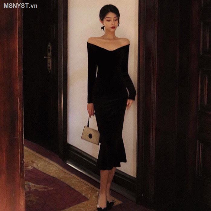 Đầm hở vai cổ thiên nga với eo ôm đuôi cái phong cách thời trang Pháp retro sang trọng màu đen cho nữ