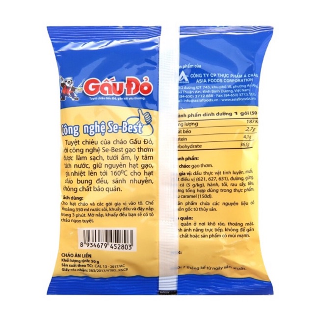 COMBO 5 gói Cháo Gấu Đỏ vị Thịt Bằm/ vị Gà 50g, cháo ăn liền